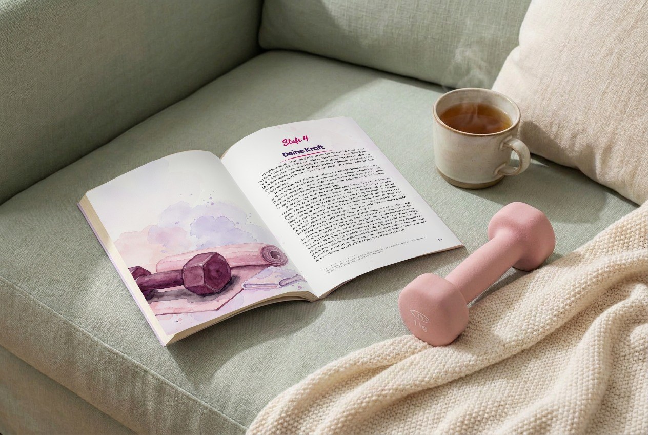 Das aufgeschlagene Buch bei Stufe 4, Deine Kraft, auf dem Sofa, daneben eine kleine Hantel und eine Tasse Tee